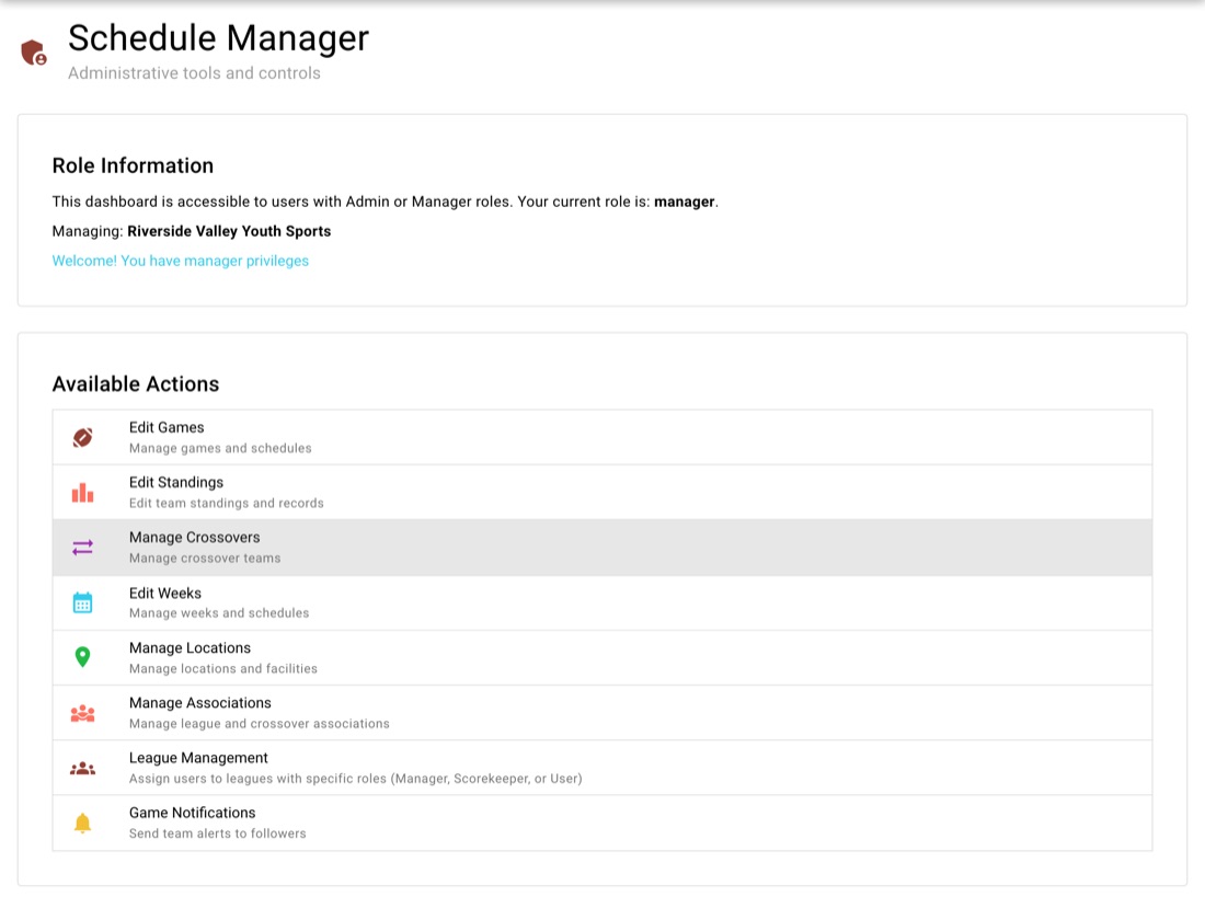 The Schedule Manager dashboard, with every league tool one click away