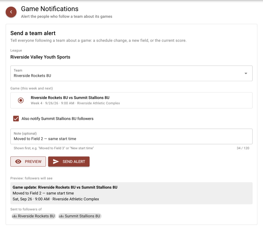 Sending a team alert about a field change, with a preview of what families will see