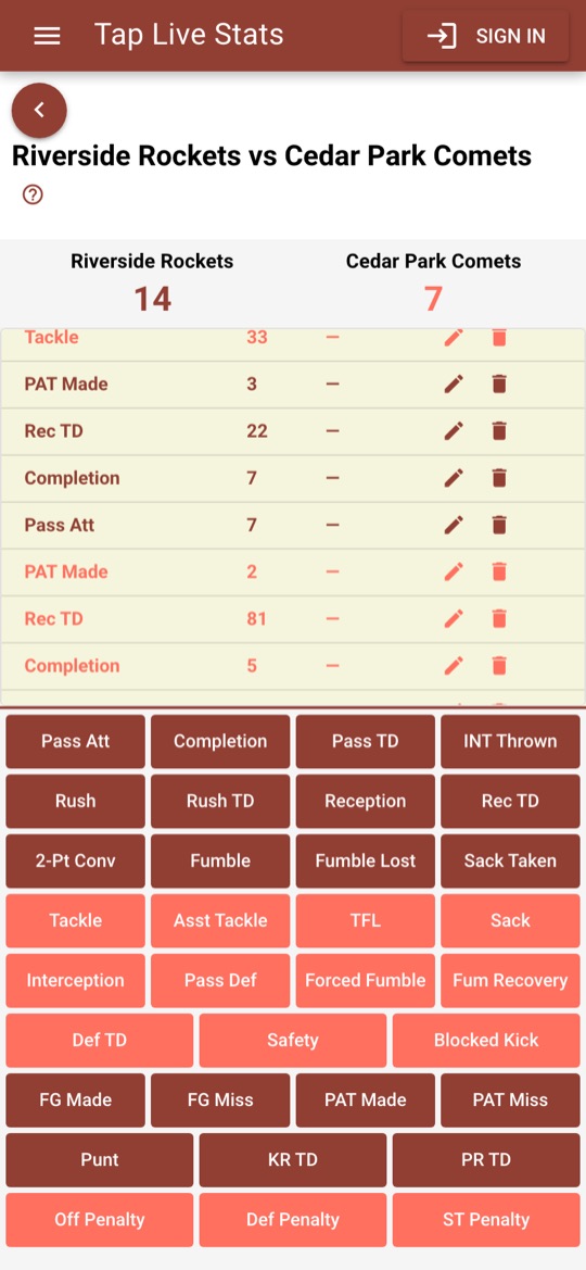 Recording football stats with one-tap action buttons