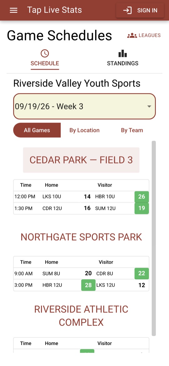 The public schedule families see, with live scores by location