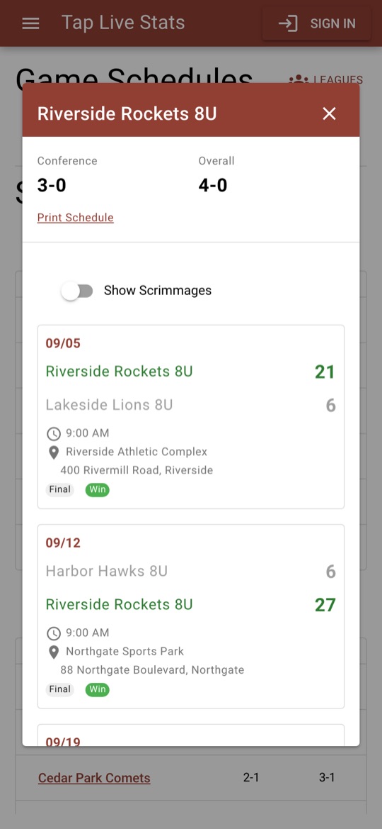A team's season schedule with results and game locations