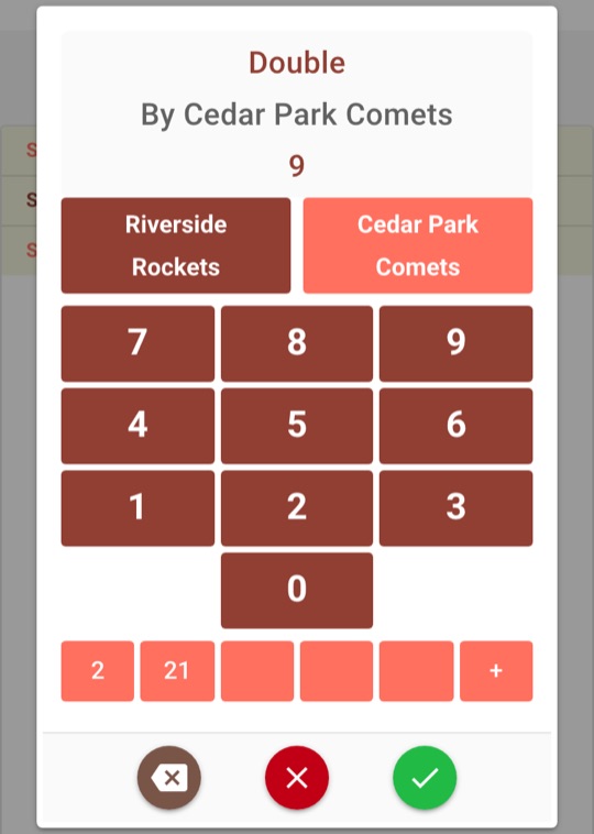 The number pad for a Double by the visiting team, with jersey 9 entered and two quick-select slots filled
