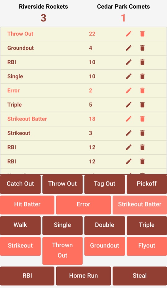A baseball game in progress, with the score at the top, recorded plays below it, and the action buttons