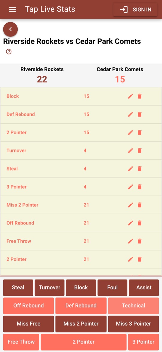 A basketball game in progress, with the action buttons below the list of recorded plays