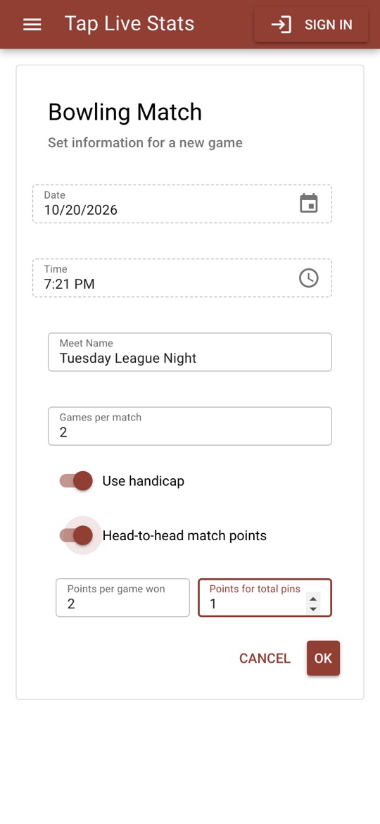 Creating Tuesday League Night: 2 games, handicap on, 2 points per game won and 1 for total pins