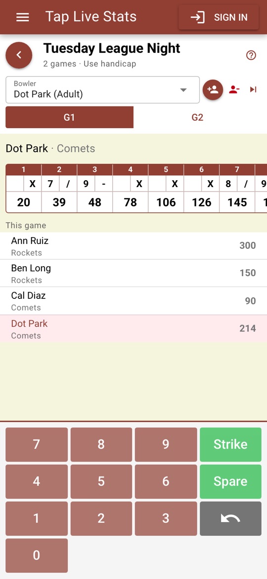 Dot Park's scorecard for game 1, with the other bowlers' scores below and the pin pad