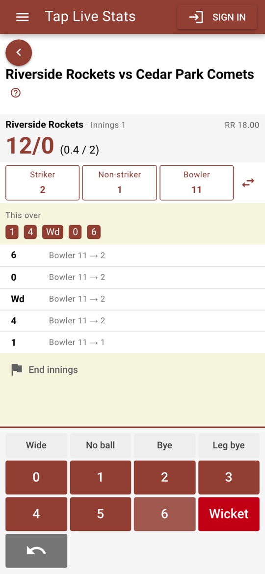 The scoreboard during the first over, with this over's balls and the ball pad