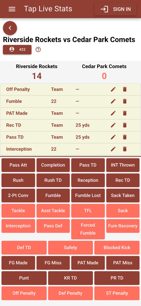 The football recording screen, with offense, defense, special teams and penalty buttons below the list of plays