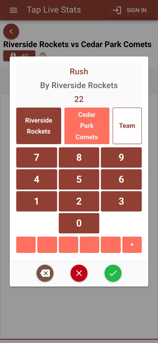 The number pad for a Rush, with the followed player's jersey 22 already filled in, the Team button and the quick-select slots