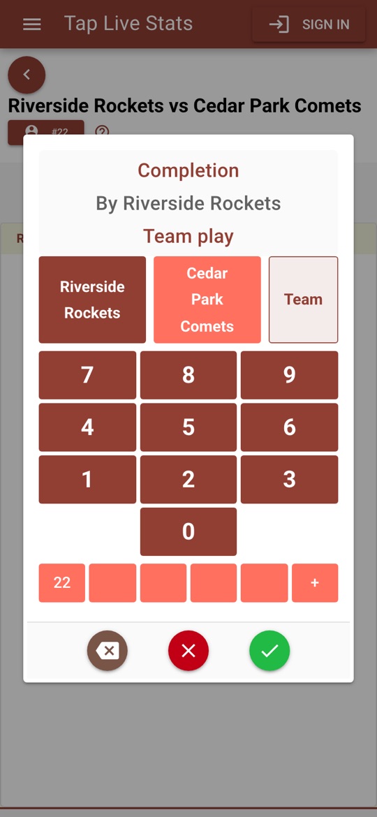 A team play: the pad shows Team play instead of a jersey number