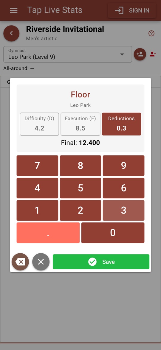 Difficulty + Execution entry: 4.2 + 8.5 − 0.3 = 12.400 on floor