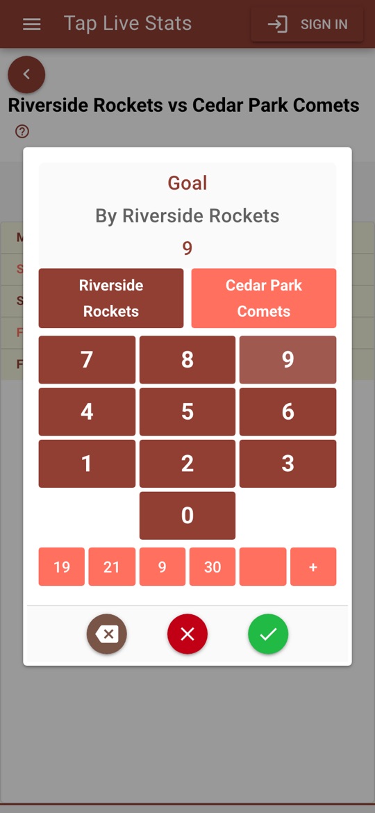The number pad for a Goal by number 9 of the Riverside Rockets