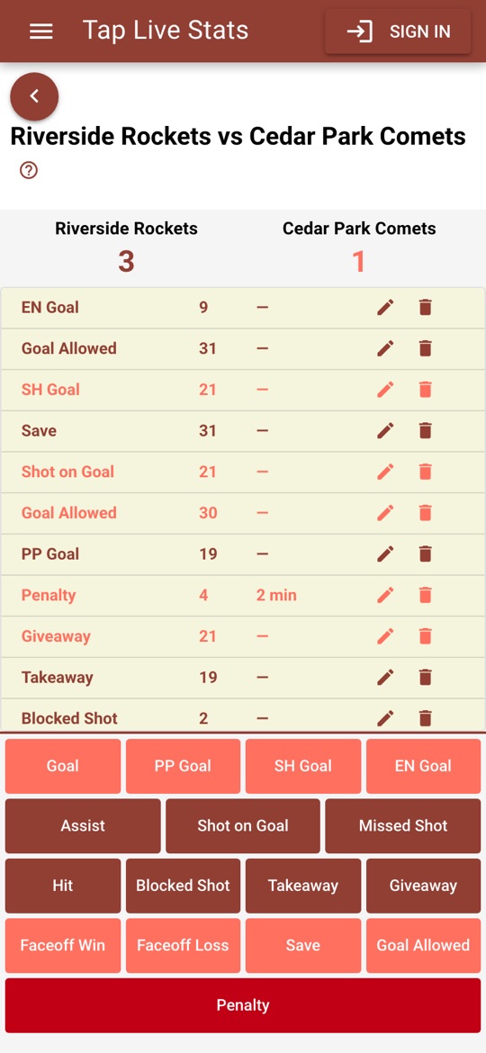 A hockey game in progress, with the action buttons below the list of recorded plays