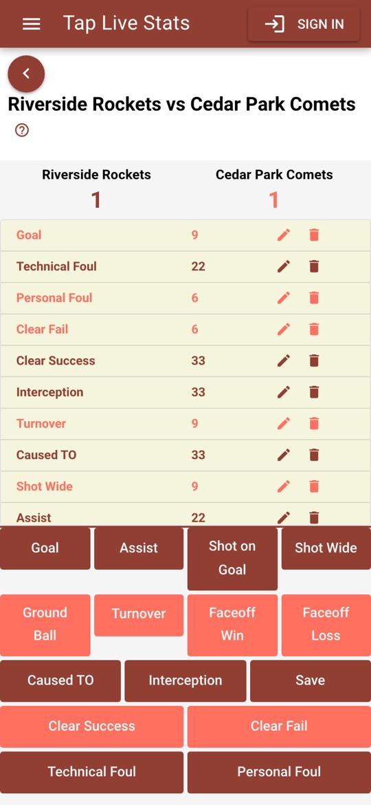A lacrosse game in progress, with the action buttons below the list of recorded plays
