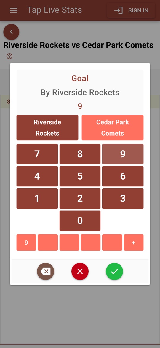 The number pad for a Goal by number 9 of the Riverside Rockets
