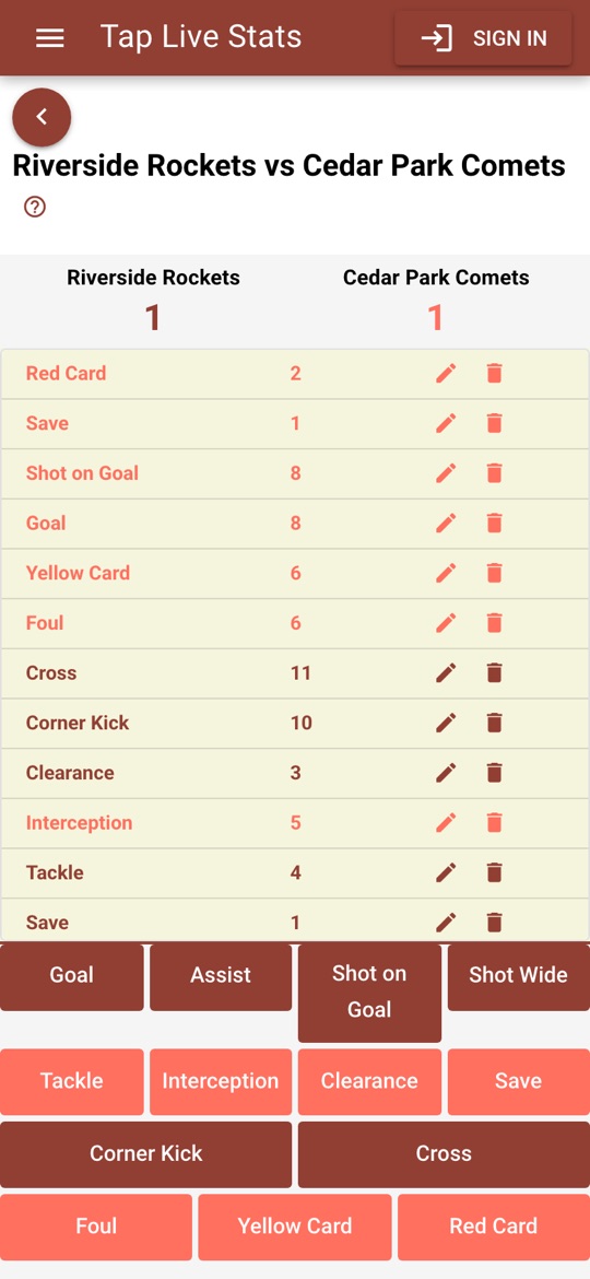 A soccer game in progress, with the action buttons below the list of recorded plays