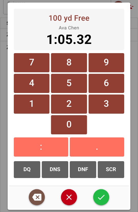 The keypad for Ava Chen's 100 yard freestyle, with 1:05.32 entered and DQ, DNS, DNF and SCR buttons below