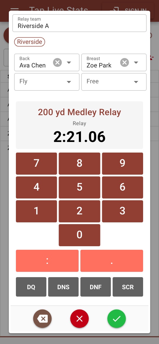 Recording the 200 yard medley relay for Riverside A, with Ava Chen on backstroke and Zoe Park on breaststroke