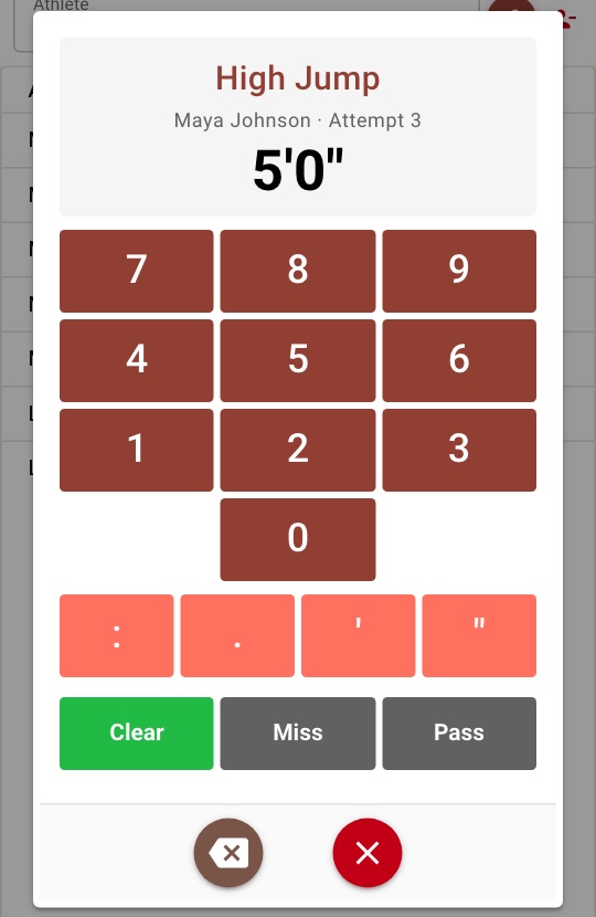 The high jump keypad for Maya Johnson's third attempt at 5 feet, with Clear, Miss and Pass buttons