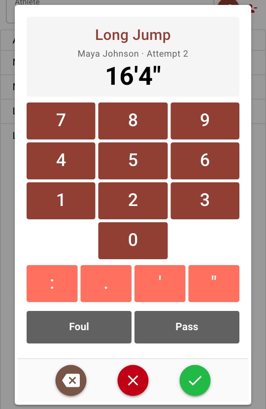 The keypad for Maya Johnson's second long jump attempt, with 16 feet 4 inches entered
