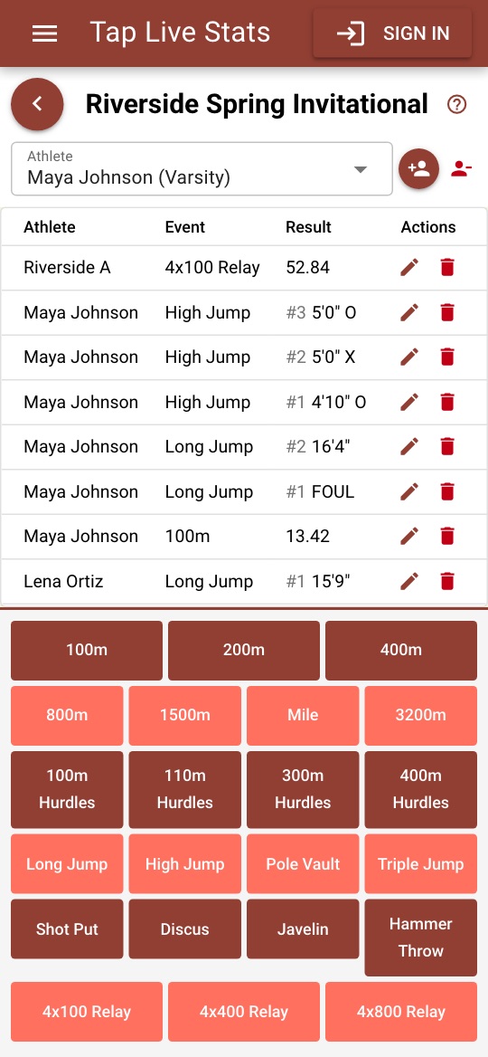 A meet in progress: relay, high jump, long jump and 100m results for two athletes above the event buttons