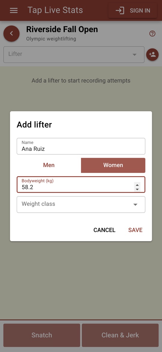 Adding Ana Ruiz, a women's lifter weighing 58.2 kg